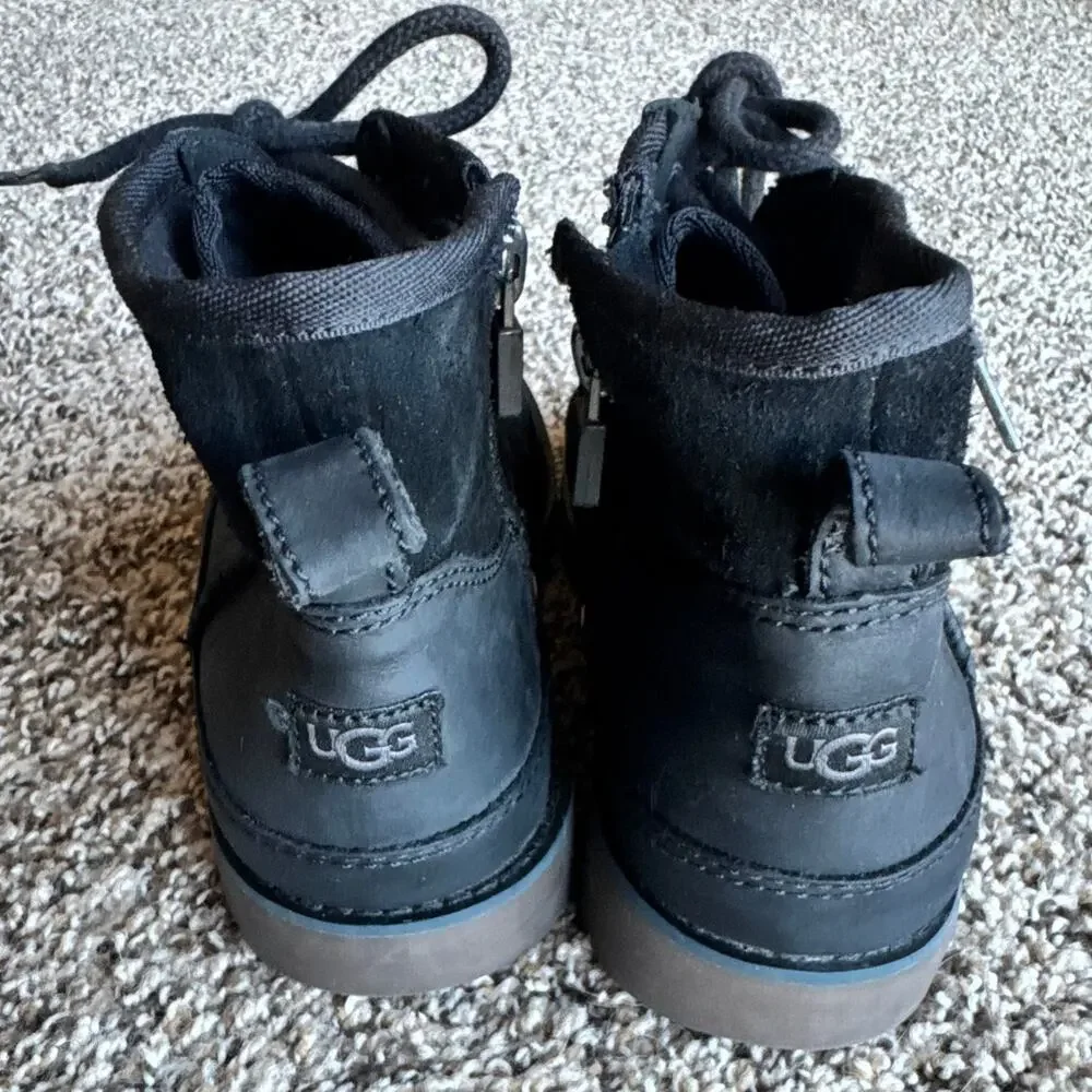 UGG Kids Black Leather Lace-Up Ankle Boots Side Zip Youth US 2